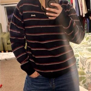 1990s Women’s VINTAGE Le Tigre navy Striped Sweater with pink and white